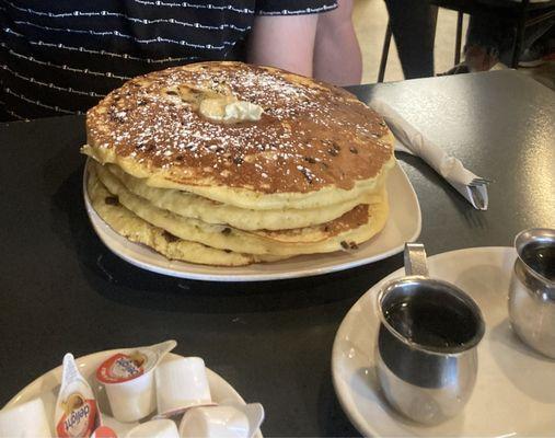 Chocolate chip pancakes (4). Two pancakes are plenty as they are HUGE!