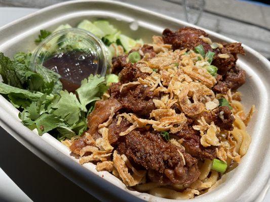 Fried chicken with garlic noodles