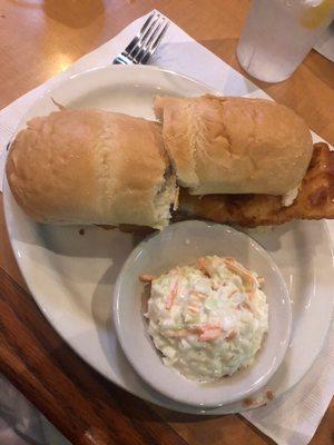 Battered fish sandwich and Cole slaw.