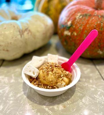 My sundae with a scoop of Cinnamon Brittle, covered in butterscotch sauce and peanuts and excellent homemade marshmallows!