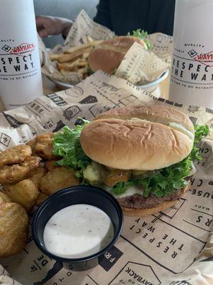 Craft Your Own Impossible Burger with Fried Pickles and Cajun Burger with fries