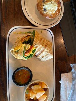 Tried the Bacon Breakfast Wrap with side of Seasonal Fruit Medley and a blueberry Muffin