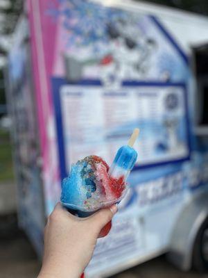 Patriot (blue coconut, pina colada, wild strawberry) with sprinkles and a bomb pop!