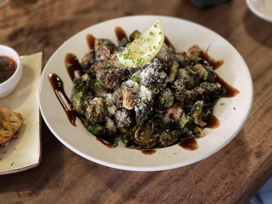 Fried brussels sprouts with salt, pepper, garlic and balsamic reduction at Patrona Restaurant and Lounge, Ukiah, California