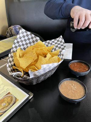 Chips and salsa, refried beans