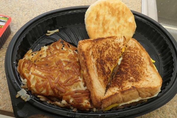 Texas sausage egg cheese melt, Hash Browns, Biscuit