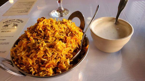 Hyderabadi chicken biryani and yogurt