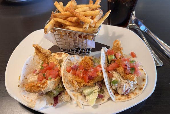 Fish Tacos: Delicious! And filling, ask them to season the fries.