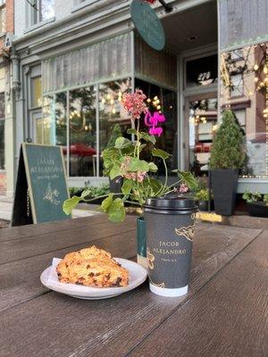 Sun dried tomato and sage scone, and ginger turmeric tea