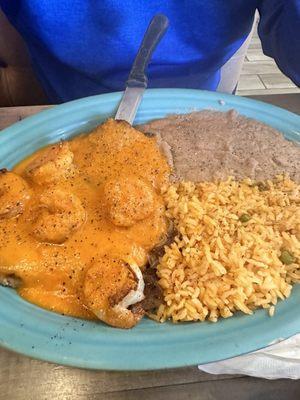 Steak ranchero with shrimp