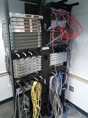 Rack of various Cisco routers and switches.