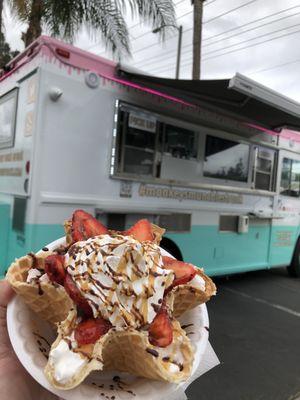 Ice cream sundae in waffle bowl