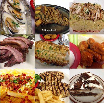 Pasta, Steak, Chicken, Seafood, BBQ, Sandwiches, Salads, and Desserts