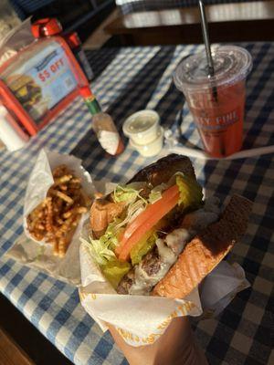 Fries, burger, strawberry lemonade