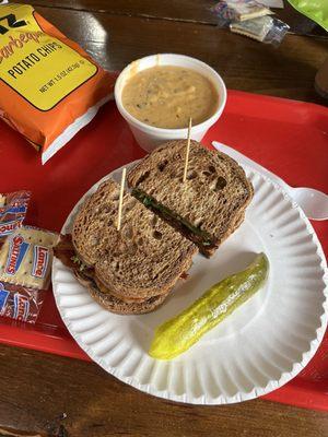 My favorite, a BLT on rye bread, and the soup of the day, today's rip-roaring crab-yum with must-have chips and a pickle