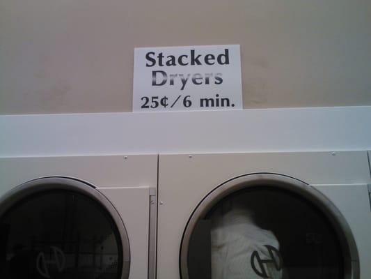 Stacked dryers 25¢ @6minutes