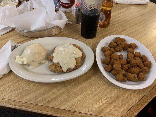 chicken fried steak with mashed potatoes & fried okra