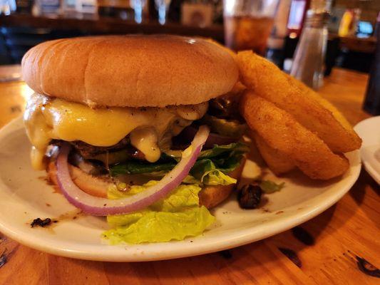 Tavern Burger with onion rings