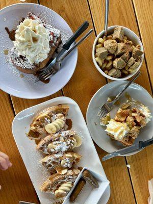 Cookie butter waffles, vegan mac and cheese with sausage, Nutella french toast, apple pie waffles