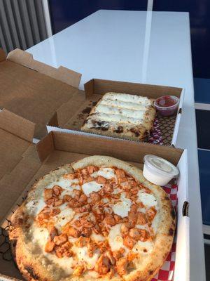 Buffalo chicken pizza and cheese sticks