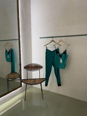 Inside Teller's dressing room - luv the emerald green stretchy silks