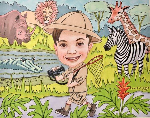 Jungle theme with animals. size: 11 x 8.5 caricature.