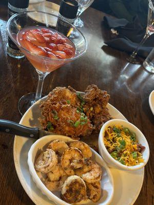 Fried chicken, shrimp, hash brown casserole