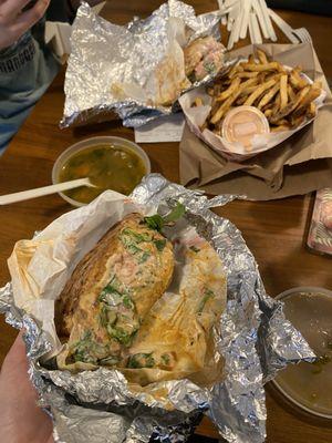 (Top to bottom) Beef Shawarma Pita, Zaatar Fries, Lentil Soup, Falafel Pita