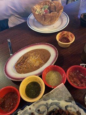 Salsa, refried beans and taco salad