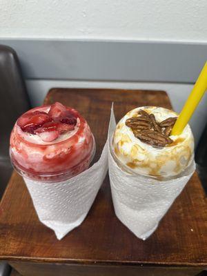 Strawberry cheesecake shake and a pecan pie shake