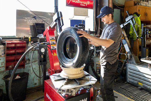 Here's an action shot of us working with a tire.