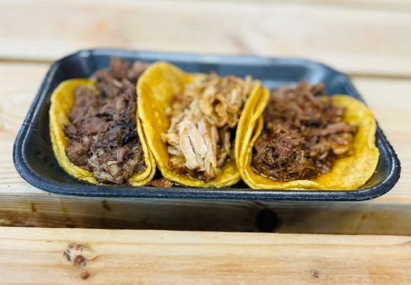 Street tacos birria, cabeza and carnitas.