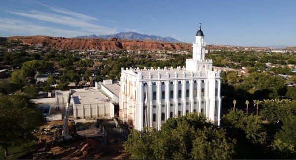 St George Utah Temple by drone early day