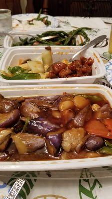 Garlic eggplant, General Tsao, and beef with string beans