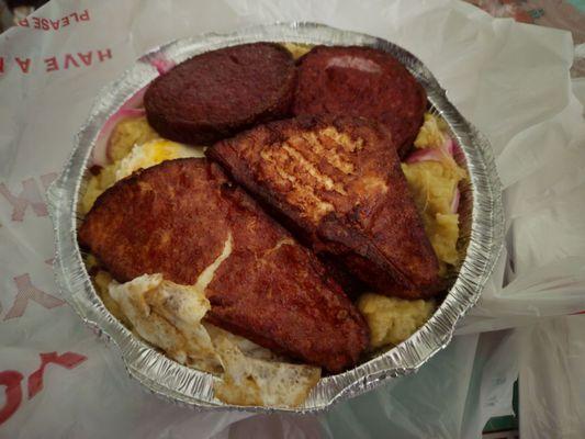 Mangu with Salami, Fried Eggs, Pickle Onions, and Fried Cheese