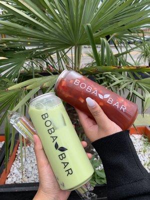 green thai tea with golden boba & Strawberry Bliss