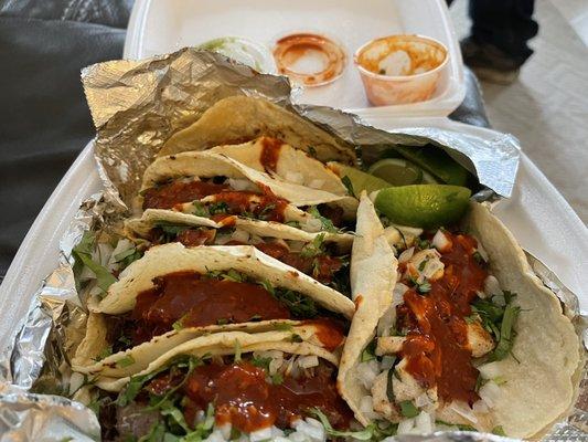 Street tacos: pollo, asada, lengua. Spicy!