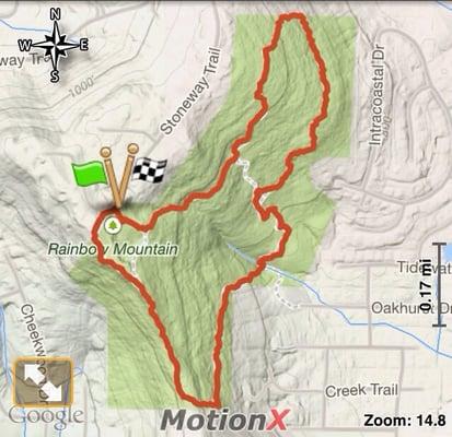 Work up a good sweat w an elevation gain/loss of 388+/- on 2.35 miles RT (Ja Moo Ko Loop & Rainbow Mtn Loop Trails).