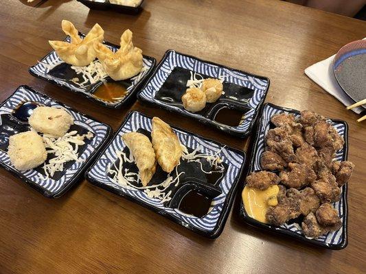 Appetizers: Agedashi tofu, crab ragoon, gyoza, shumai, chicken karaage