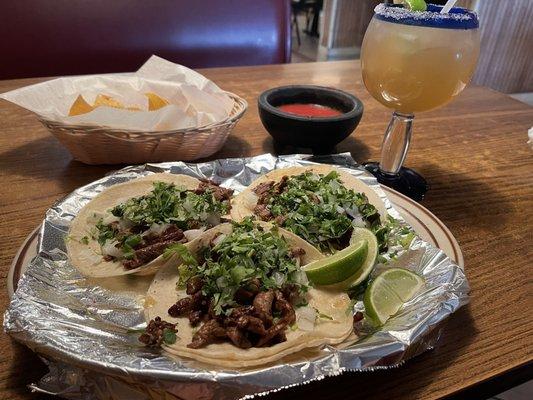 Steak tacos, margarita