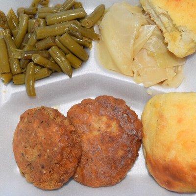 Salmon Cakes w/ Green Beans, Cooked Cabbage & Biscuits: Carolina Cafe