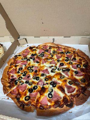 Canadian bacon and black olives