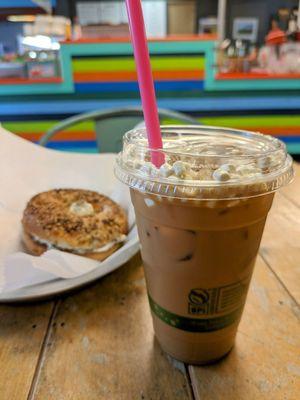 Iced marshmallow oat latte and cool cat bagel - lifewithhanny