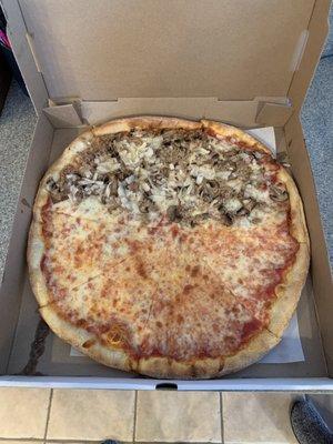 Half plain, half sausage, onions, mushrooms