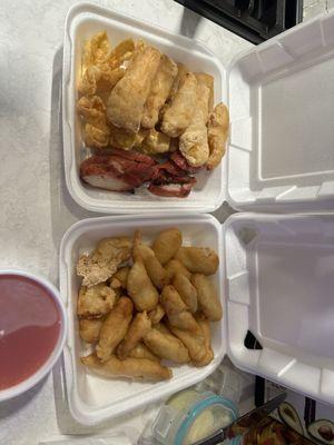 Appetizer sampler and sweet and sour chicken