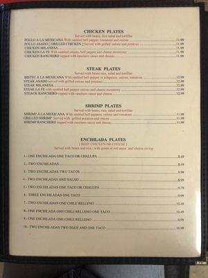 Entrees menu