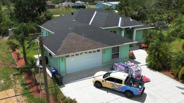 New GAF shingles being installed on a roof replacement project.