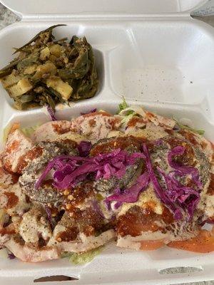 Falafel salad with a side of okra and potato curry. DELICIOUS!!!!!