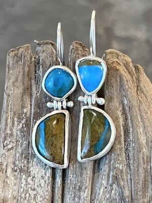 Stunning Peruvian opal bezel set in brushed Sterling silver with movable hinge dangle earrings