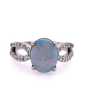 White Gold Diamond Colorful Australian Opal with Onyx on back ring.